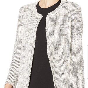 Nic+Zoe Fringe Mix Open Front Knit Cardigan Black White Zip Women L Classic Chic